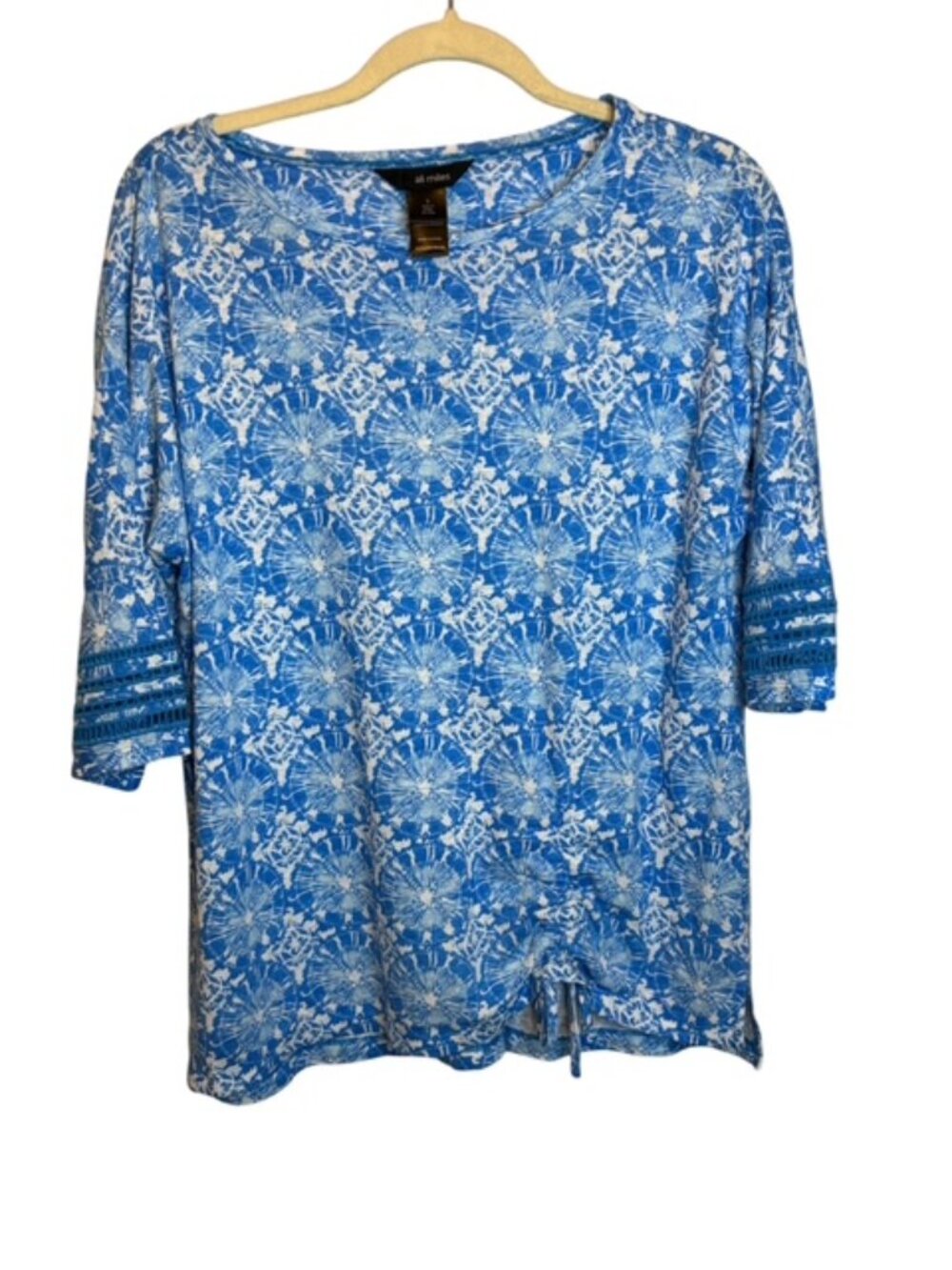 Ali Miles Blouse Women's Small Artsy lightweight Linen Blend Abstract Blue White